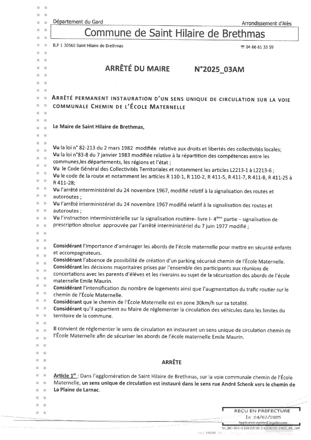 Aperçu du fichier 2025_03AM Arrêté permanent instauration un sens unique circulation chemin Ecole maternelle 